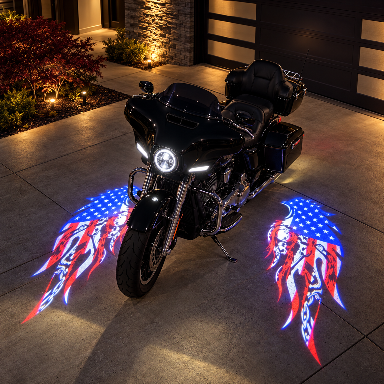 Motorcycle with a wing-shaped ground projection on both sides